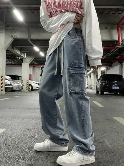 saferido Unisex Workwear Jeans Men Hip Hop Streetwear Denim Pants Spring Autumn Chic Hong Kong Style Wide Leg Straight Trousers
