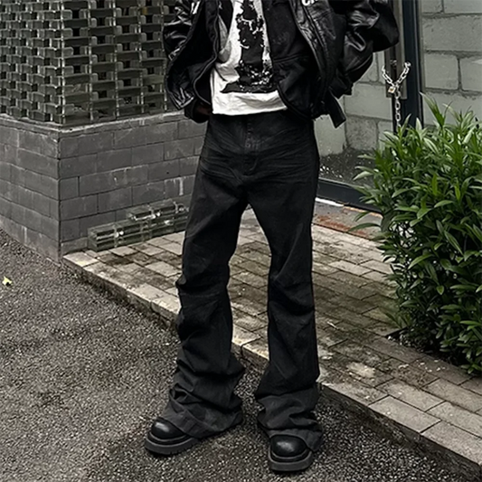 saferido Streetwear Black Glue Coated Boot Cut for Men and Women Straight Baggy Casual Flare Pants Oversized Loose Denim Trousers