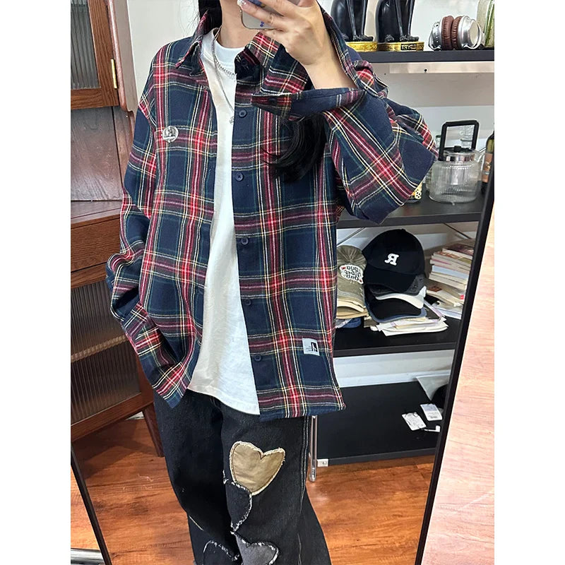 saferido Autumn Long Sleeved Shirt Men Oversized Fashion Retro Plaid Shirt Men Streetwear Korean Loose Casual Shirt Mens Vintage Shirts