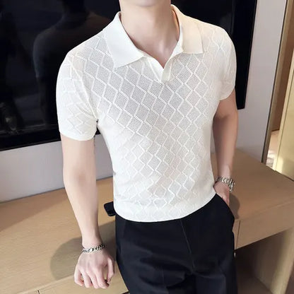 saferido  Male Spring Slim Fit Knitting Polo Shirts British Style Men's Summer Casual Hollow Out Short Sleeves Polo Shirts S-3XL