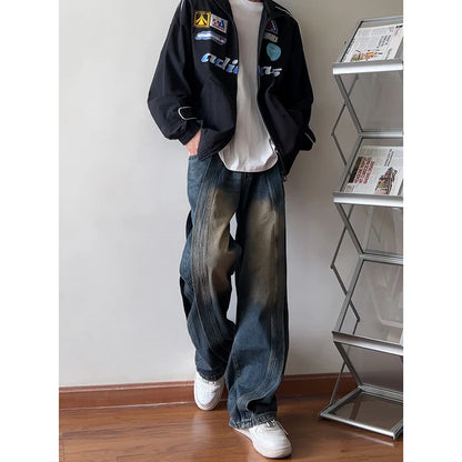 saferido Men's American High Street Dark Blue Color Casual Pants Fashion Trend Loose Personality Jeans Retro Loose Trousers M-5XL