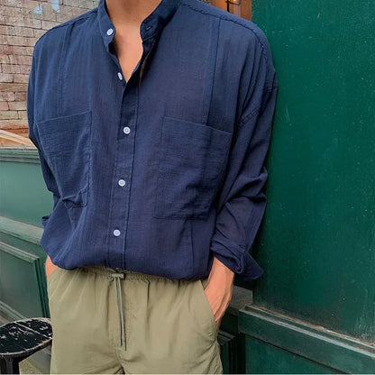 Unisex Oversized Linen Mandarin Collar Shirt Coat Men's Long Sleeve Casual Loose Fit Fashion Style Sun Protection Clothing