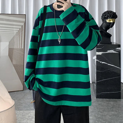saferido Spring Mens Stripe Tops Tees Harajuku Long Sleeve T Shirts Casual High Quality Unisex Tshirt
