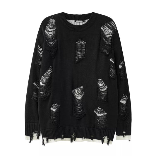 High Street Black White Two Sided Round Neck Knit Sweater Men's Autumn and Winter Hip Hop Oversized Perforated Ripped Knitwears