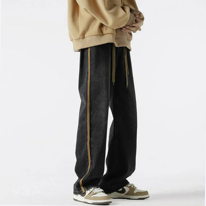 saferido American High Street Trend Fashion Street Wide Jeans Men's Drawstring Pocket Patchwork Folds Washed Casual Loose Straight Pants
