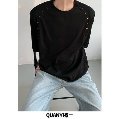 Korean Style Heavy Shoulder Pad Short Sleeve T Shirt Men Metal Niche Design Loose Casual Harajuku Solid Color Bottoming Shirt