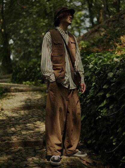 Japanese Vintage Set Men Women Multi-pocket Cargo Vest Spring Autumn Striped Long-sleeved Shirt Loose Casual Pants Three-piece