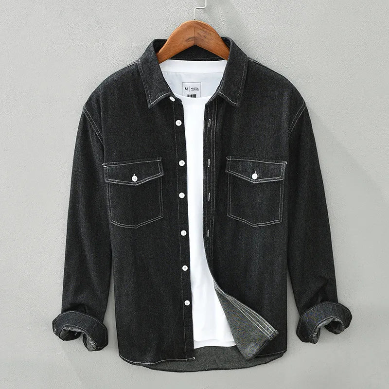 100% Cotton Japan Fashion Style Washed Denim Shirts for Men Spring Autumn Long Sleeve Casual Workwear Youth Cityboy Tops Coats
