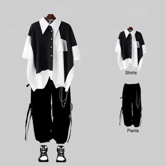 saferido New Men Streetwear Two-piece Suit Splice Chain Long Sleeve+Ribbon Chain Pants Harajuku Cargo Pants 2 Piece Sets Mens Outfits