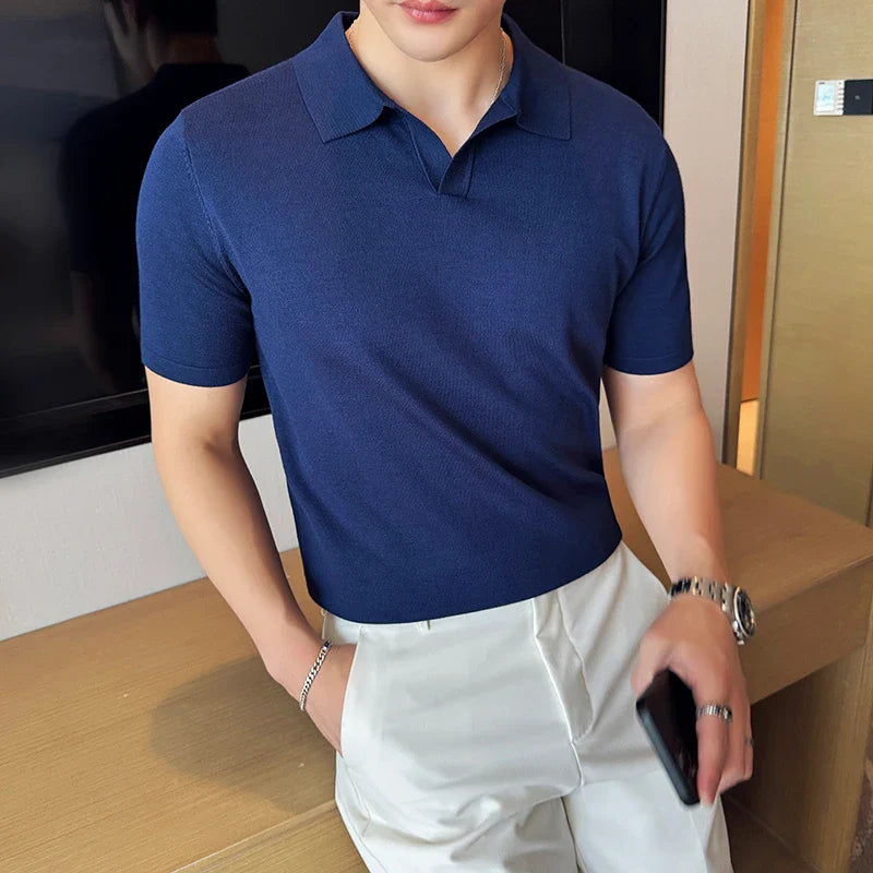 High Elasticity Men Short Sleeved Polo Shirt Summer Ice Silk Light Thin Solid Casual Lapel Knitted T-shirt Men Clothing