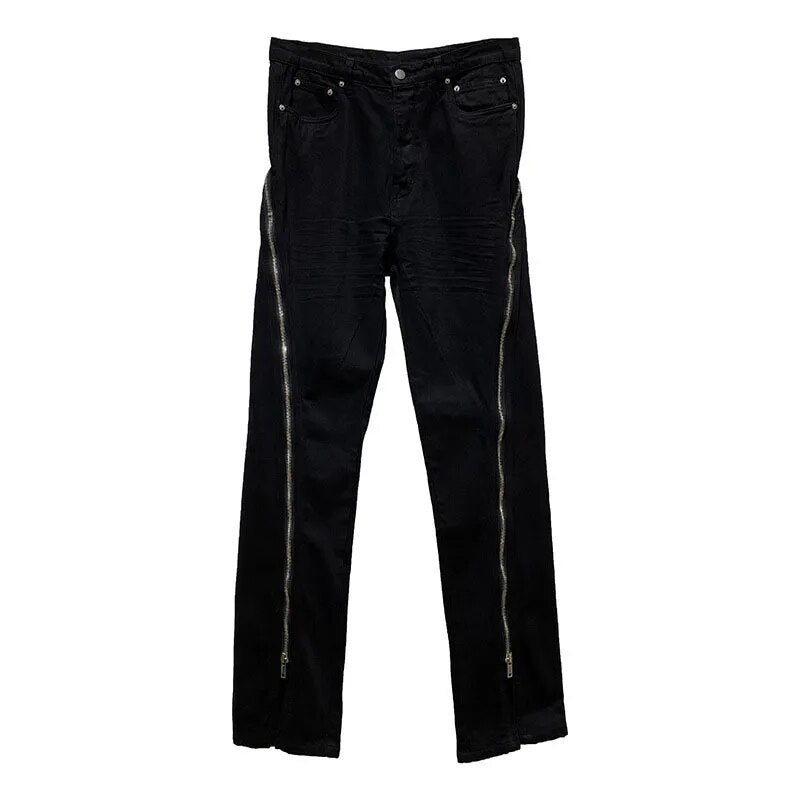 Darkwear Niche Design High Street Style Main Line Large Zipper Loose Men Jeans Solid Black Casual Chic Denim Pants