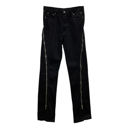 Darkwear Niche Design High Street Style Main Line Large Zipper Loose Men Jeans Solid Black Casual Chic Denim Pants