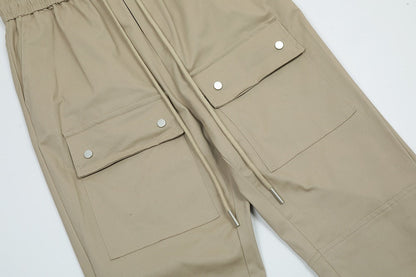 Side Ankle Button Pockets Drawstring Cargo Pants Men's Straight Solid Color Streetwear Baggy Casual Overalls Y2K Unisex Trousers