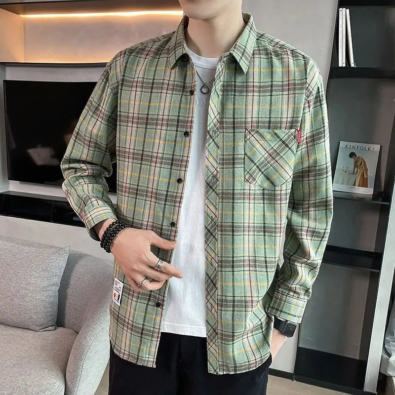 saferido Button Turn-down Collar Sven Simplicity Pockets Handsome Lattice Shirts Loose Men's Clothing Fashion Casual Spring Summer Thin