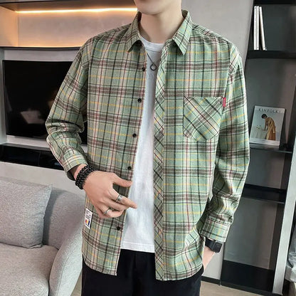 saferido Button Turn-down Collar Sven Simplicity Pockets Handsome Lattice Shirts Loose Men's Clothing Fashion Casual Spring Summer Thin