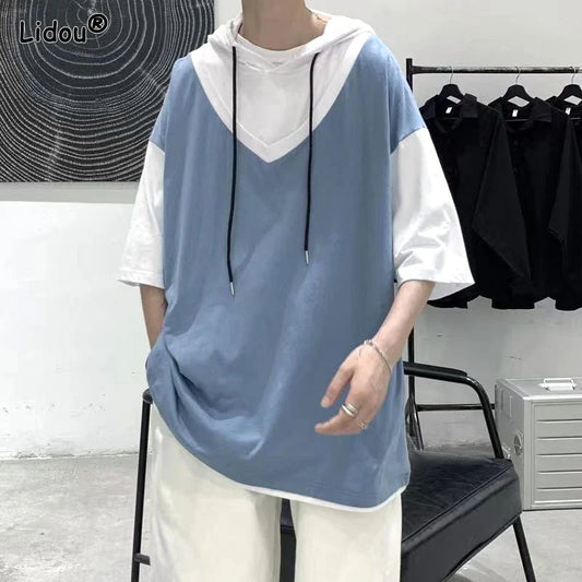 saferido Street Casual Fashion Loose Pullovers Patchwork T-Shirts Short Sleeve Man Spring Summer Thin Hooded Round Neck Men's Clothing