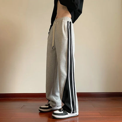 saferido Japanese Retro Casual Pants Men's Fitting Straight Leg Pants College Style Wide Striped Patchwork Drawstring Sweatpants Autumn