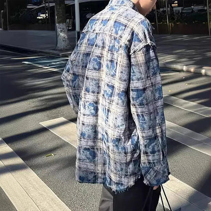 Autumn Men's Clothing Light Luxury Texture Plaid Shirts Korean Popular Vintage Long Sleeve Button-down Check Ripped Shirts