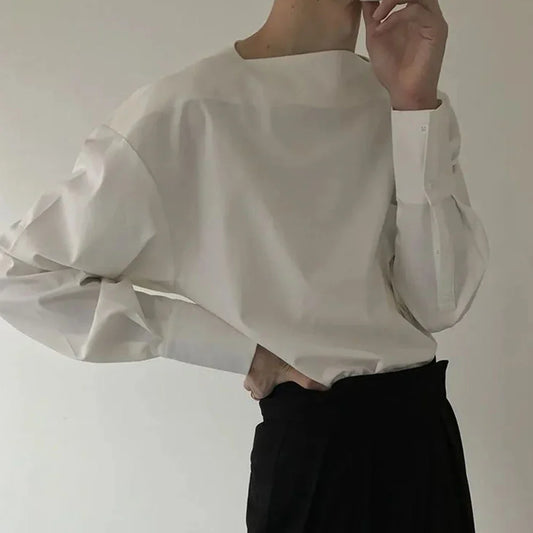saferido Mens Advanced One-neck Tops 2024 Spring New Loose Design Sense Niche Long-sleeved Shirts Solid Color Temperament Neutral Clothes
