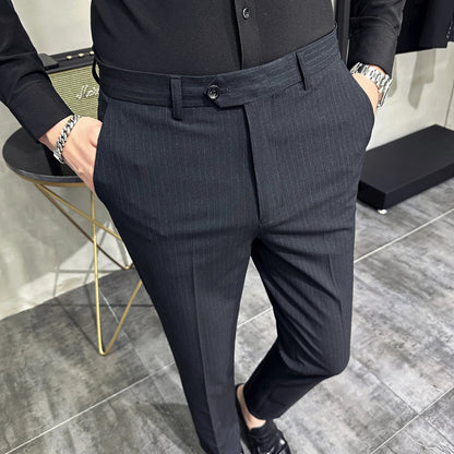 saferido Korean style Fashion Striped Suit Pants for Men Formal Business Dress Pants Korean Slim Fit Classic Casual Trousers 36 38