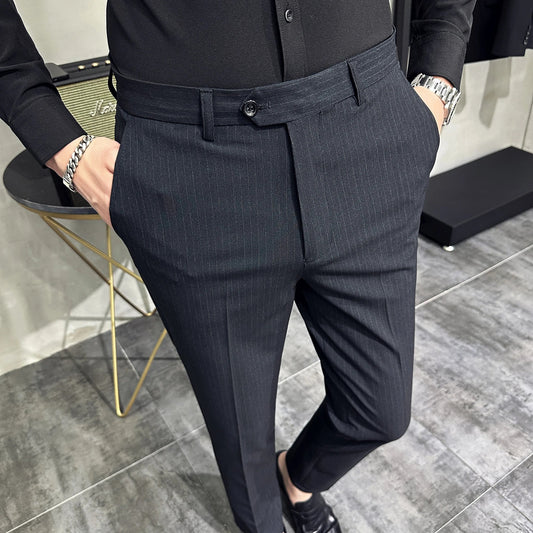 saferido Korean style Fashion Striped Suit Pants for Men Formal Business Dress Pants Korean Slim Fit Classic Casual Trousers 36 38
