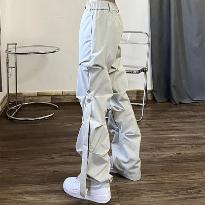 High Street Pleated Overalls Men's Pants Fashion Loose Straight Button Casual Male Trousers Solid Color Darkwear