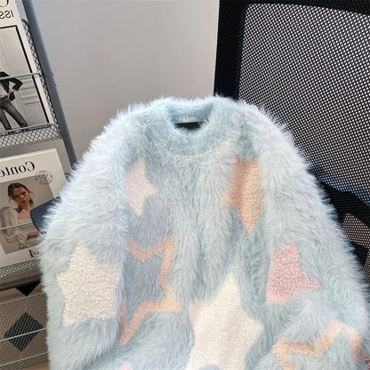 saferido Y2K Mohair Sweater Men Kawaii Sweet Knitted Pullovers Jumpers Long Sleeve O-Neck Sweater Male Korean Japanese Streetwear
