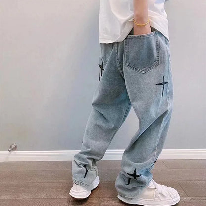 saferido Print Embroidery Jeans Men Vintage Casual Loose Wide Leg Baggy Man Trousers 2024 Spring Summer Fashion Hip Hop Male Cargo Pant