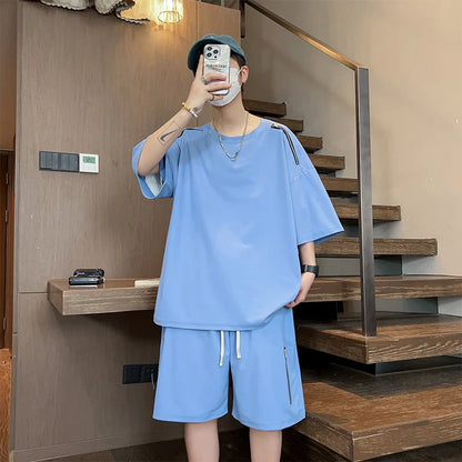 saferido Oversized Tracksuit Men New Korean High Street Fashion Zipper Design T-shirt Shorts Two Pieces Sets Mens Streetwear Men Clothes