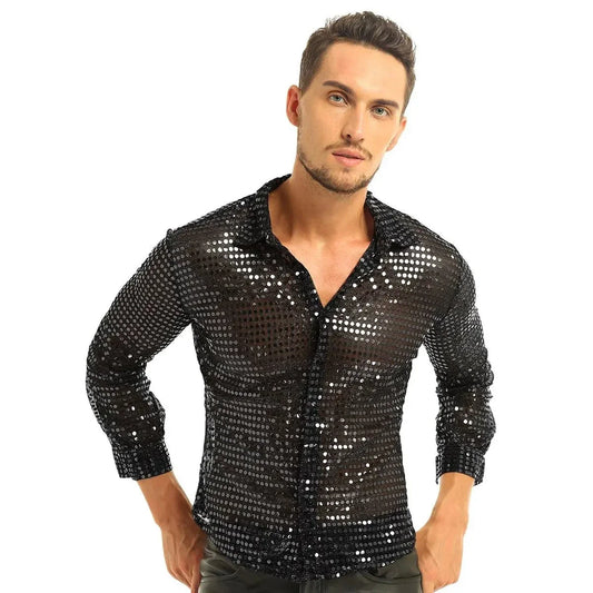 Men Casual Slim Fit Shiny Gold Sequins See Through Mesh Shirt Prom Tops Night Club Wear Disco Shirt Dance Performance Tops