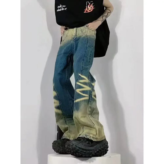 saferido American high street gradient washed old ripple jeans men and women loose straight pants tide senior Korean fashion sense pants