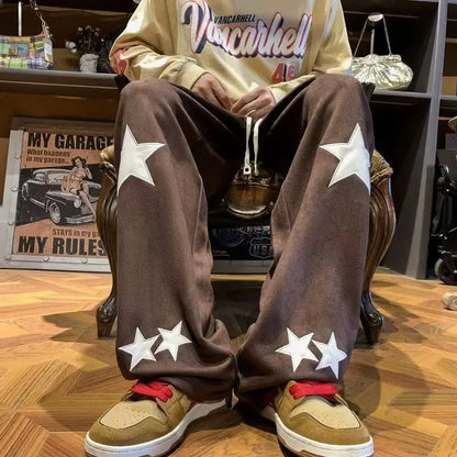 saferido Street American Vintage Print Star Casual Sports Pants Men Spring Autumn Pocket Elastic Waist Drawstring Loose Straight Trousers