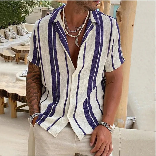 New Men's Slub Cotton Shirt Stripe Short Sleeve Collar Cardigan Summer Fashion Loose Oversize Shirts Top Streetwear Male