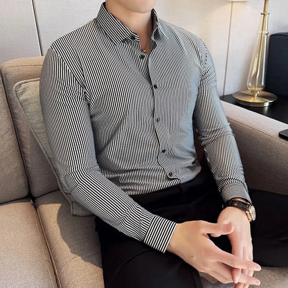 High Elasticity Men Stripe Shirt Spring British Style Anti-wrinkle High-EndSoft Solid Casual Slim Fit Long Sleeved Shirt
