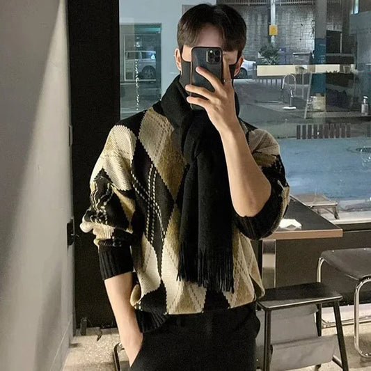 saferido Argyle Sweater Pullover Men's Christmas Grandpa Sweater Korean Casual Vintage Retro Clothes Autumn Streetwear Harajuku