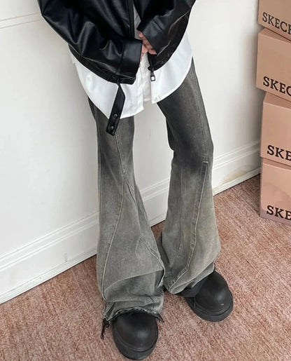 Flare Jeans Men Gradient Color Spring Summer High Street Raw Edge Grunge European Style Retro Vintage Washed Full Length Hipster