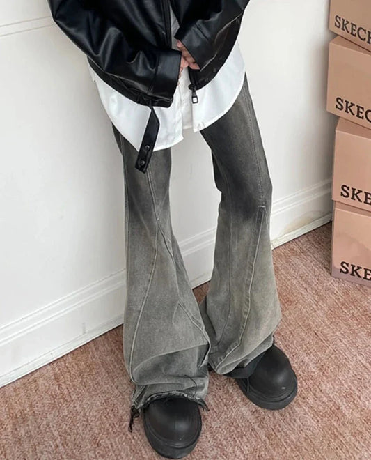 Flare Jeans Men Gradient Color Spring Summer High Street Raw Edge Grunge European Style Retro Vintage Washed Full Length Hipster