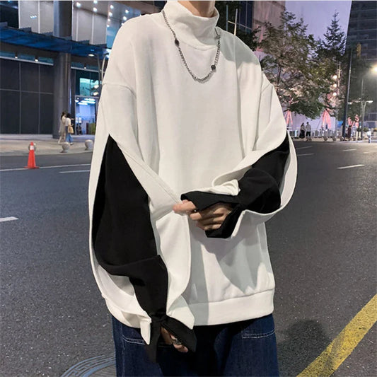 saferido Men's High Collar Sweatshirt Patchwork Pullover Long Sleeve Spring Autumn Tops Loose Sweatshirts