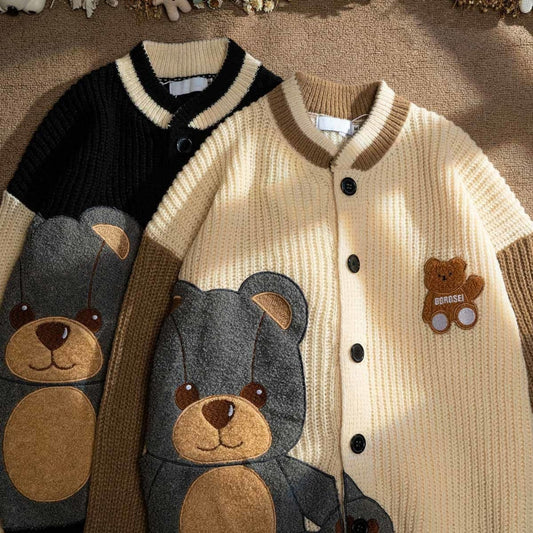 Japanese Style Cute Bear Cardigan Sweater Men Women Spring and Autumn Casual Loose Knitted Sweaters Hip Hop Tops