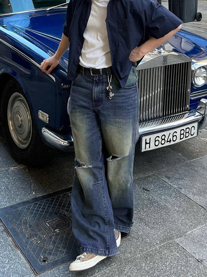 Vintage Blue Baggy Wide Leg Jeans Men Washable Casual Pants Y2k Worn Out Straight Loose Pants Hiphop Trendy Street Men'S Clothes
