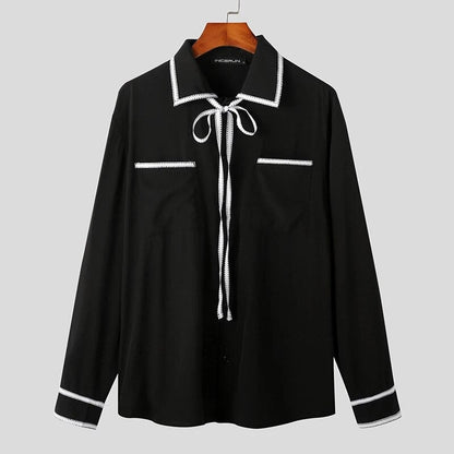 Men Casual Shirt Patchwork Lapel Long Sleeve Korean Style Men Clothing Streetwear Lace Up Elegant Shirts S-5XL