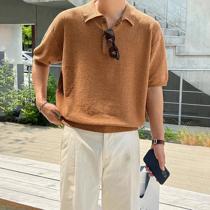 saferido Short Leeved Men's T-shirt Korean Style Simple Retro Kniting Lapel Trend Fashion Loose Casual Male Top 2024 Summer New