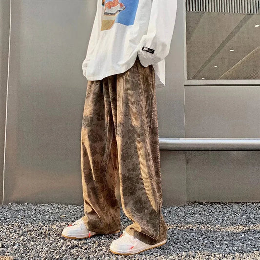 saferido Men Casual Pants 2024 New Spring Autumn Vintage Floral Corduroy Y2k Wide leg Oversize Harajuku Pant Male Straight Long Trousers