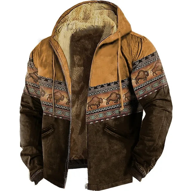 Men's Zipper Hoodies Bison Pattern Print Casual Winter Clothing Long Sleeve Sweatshirt Casual Hooded Jacket Outerwear
