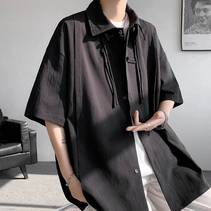 saferido Men's Casual Blouse Long Sleeve Tee Shirt Y2K Vintage Oversized Blouses Chinese Style Baggy Button Up Shirt