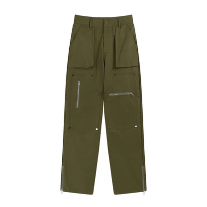 Hip Hop Vibe Heavy Functional Cargo Trousers for Men Fashionable Rivets Zipper Split Adjust Micro Flare Pants White Male Clothes