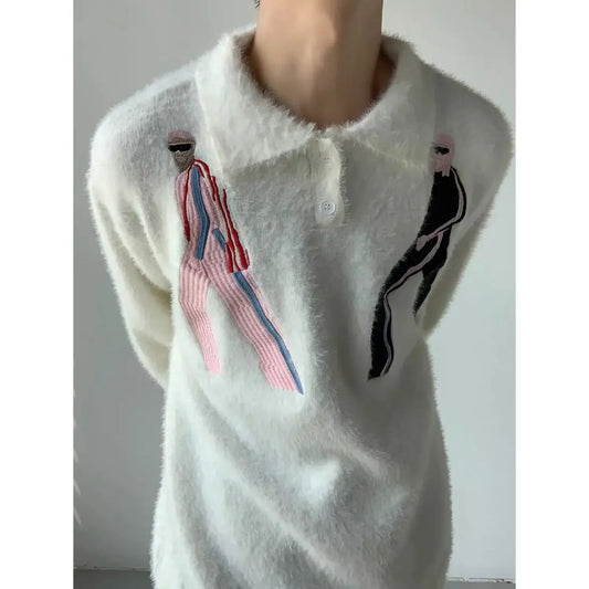 Lapel design jumper embroidered imitation mink down sweater men's winter comfortable loose y2k tight knit school style top