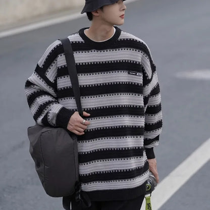 saferido Striped Knitted Sweater Coat Men Japanese Oversize Casual Autumn Winter Loose O-neck Pullovers for Man Streetwear Korean