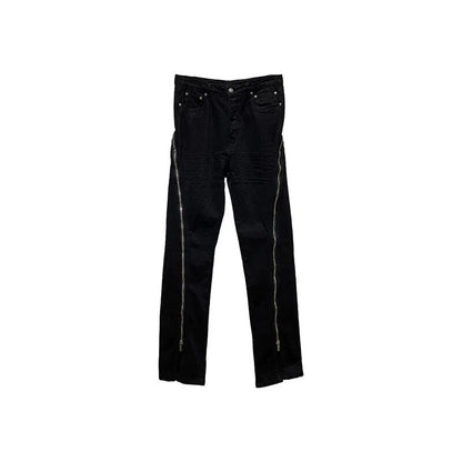Darkwear Niche Design High Street Style Main Line Large Zipper Loose Men Jeans Solid Black Casual Chic Denim Pants