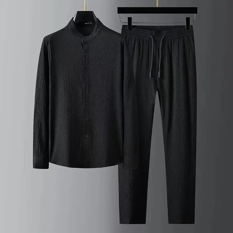 Spring Summer New Fashion Suit Men Long Sleeve Casual Shirts And Pant Seersucker Striped Pleats Slim Handsome Two-piece Set